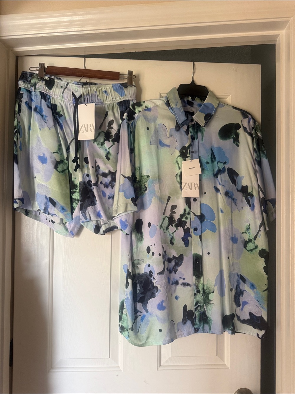 Zara Men's Abstract Floral Button-Down Shirt and Shorts - Light Blue Green Black